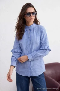 Trendyol Modest BLUE Striped Oversized Shirt Tunic - Image 3