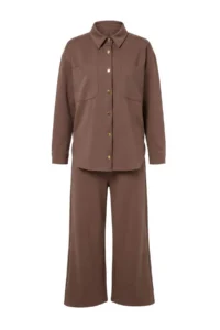Trendyol Modest Mink relaxed/Rahat Pattern Pipe Both buttoned Suede Knitting Tesettür Bottom - Top Set - Image 5