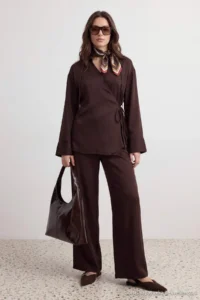 Trendyol Modest Dark Brown Double breasted Blouse Pants Weaving Bottom - Top Set