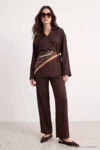 Trendyol Modest Dark Brown Double breasted Blouse Pants Weaving Bottom - Top Set - Image 2