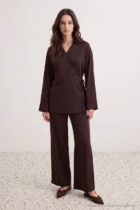 Trendyol Modest Dark Brown Double breasted Blouse Pants Weaving Bottom - Top Set - Image 3