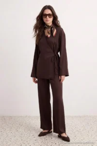Trendyol Modest Dark Brown Double breasted Blouse Pants Weaving Bottom - Top Set - Image 4