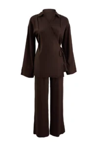 Trendyol Modest Dark Brown Double breasted Blouse Pants Weaving Bottom - Top Set - Image 6