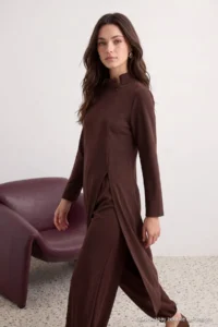 Trendyol Modest Dark Brown LONG Tunic Pants Bottom - Top Set - Image 3