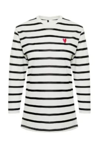 Trendyol Modest WHITE single jersey Striped Heart Embroidered Long Sleeve Knitting Tunic T-Shirt - Image 7