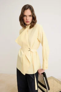 Trendyol Modest Yellow Belde Belt Detailed Regular/Normal Pattern Cotton Shirt - Image 2