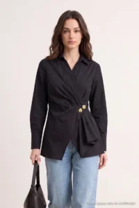 Trendyol Modest Black Double breasted Metal Accessory Detailed Regular/Normal Pattern Shirt