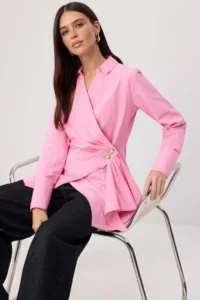 Trendyol Modest PINK Double breasted Metal Accessory Detailed Regular/Normal Pattern Shirt - Image 2