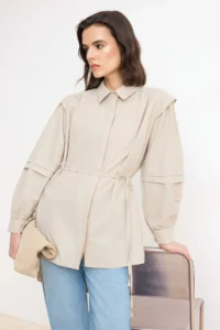 Trendyol Modest Beige Thin Belted Balloon Sleeve Shirt - Image 2