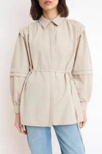 Trendyol Modest Beige Thin Belted Balloon Sleeve Shirt - Image 3