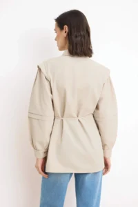 Trendyol Modest Beige Thin Belted Balloon Sleeve Shirt - Image 4