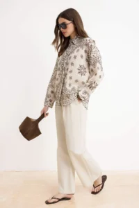 Trendyol Modest Ecru Oversized Cotton Patterned Shirt