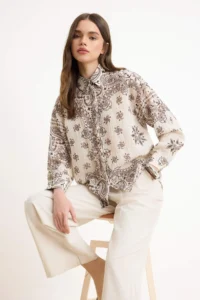 Trendyol Modest Ecru Oversized Cotton Patterned Shirt - Image 2