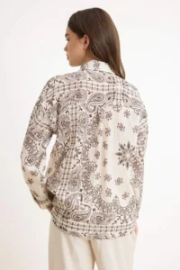 Trendyol Modest Ecru Oversized Cotton Patterned Shirt - Image 4