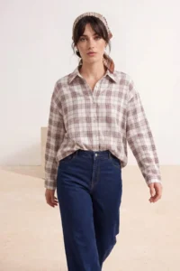 Trendyol Modest Brown Checkered Oversized 100% Cotton Shirt