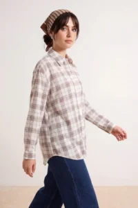 Trendyol Modest Brown Checkered Oversized 100% Cotton Shirt - Image 2