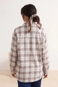 Trendyol Modest Brown Checkered Oversized 100% Cotton Shirt - Image 3