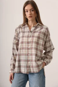 Trendyol Modest Brown Checkered Oversized 100% Cotton Shirt - Image 6