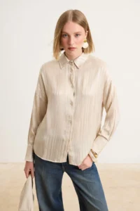 Trendyol Modest Beige Regular/Normal Satin Striped Shirt