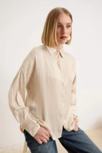 Trendyol Modest Beige Regular/Normal Satin Striped Shirt - Image 2