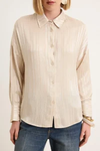 Trendyol Modest Beige Regular/Normal Satin Striped Shirt - Image 3