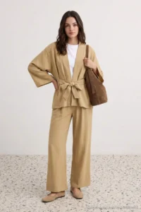 Trendyol Modest Mink Oversized Modal Kimono Pants Bottom - Top Set