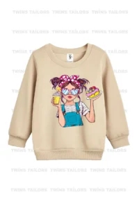 twins tailors Green-Beige-Brown Triple Crew Neck Girl's Sweatshirt with Fleece Inside Girl Print - Image 2