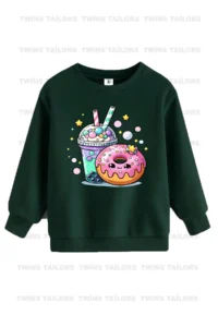 twins tailors Green-Beige-Brown Triple Crew Neck Girl's Sweatshirt with Fleece Inside Girl Print - Image 6