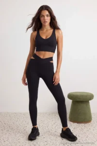 TRENDYOLMİLLA Black Soft Brushed Material Cut Out Detailed Knitting Sports Leggings - Image 4