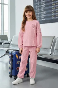 TRENDYOLMİLLA KIDS Dusty ROSE Appliqued Plain Knitting Girls' textured Sweatshirt and Tracksuit Top and Bottom Set
