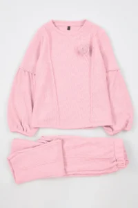 TRENDYOLMİLLA KIDS Dusty ROSE Appliqued Plain Knitting Girls' textured Sweatshirt and Tracksuit Top and Bottom Set - Image 2