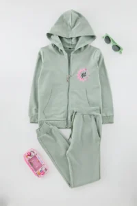 TRENDYOLMİLLA KIDS MINT Cotton Girls' Patterned Hooded Cardigan-Pants Knitting Top and Bottom Set - Image 3
