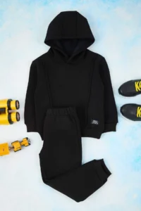 TRENDYOLMİLLA KIDS Black Cotton Fleece Hooded Knitting Boys' Sweatshirt and Tracksuit Top and Bottom Set - Image 2
