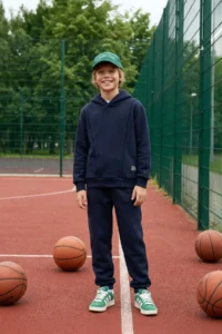 TRENDYOLMİLLA KIDS NAVY BLUE Cotton Plain Hooded Knitting Boys' Sweatshirt and Tracksuit Top and Bottom Set