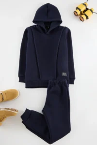 TRENDYOLMİLLA KIDS NAVY BLUE Cotton Plain Hooded Knitting Boys' Sweatshirt and Tracksuit Top and Bottom Set - Image 3