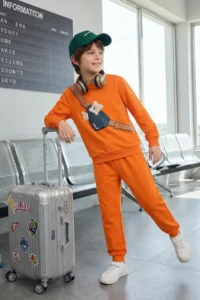TRENDYOLMİLLA KIDS Orange 100% Cotton Boys' Printed Thin Sweatshirt and Tracksuit Top and Bottom Set - Image 2