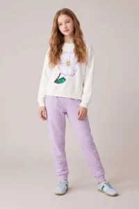 TRENDYOLMİLLA KIDS Ecru Cotton Flower Printed Girls' Knitting Sweatshirt and Tracksuit Thin Bottom - Top Set - Image 3