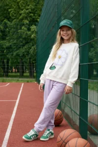 TRENDYOLMİLLA KIDS Ecru Cotton Flower Printed Girls' Knitting Sweatshirt and Tracksuit Thin Bottom - Top Set - Image 5