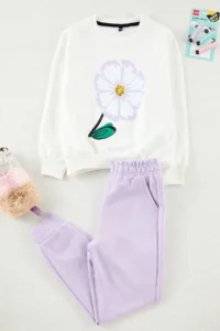 TRENDYOLMİLLA KIDS Ecru Cotton Flower Printed Girls' Knitting Sweatshirt and Tracksuit Thin Bottom - Top Set - Image 6