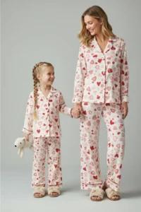 TRENDYOLMİLLA KIDS Multicolored Girls' Heart Patterned Mini Me Mother Girl Weaving Pajama Set