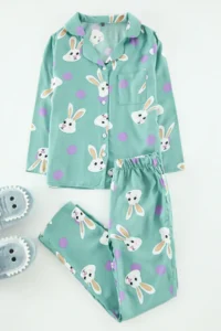 TRENDYOLMİLLA KIDS Multicolored Rabbit Patterned Girls' Mini Me Mother Girls Pajama Set Bottom Top Set - Image 2