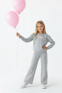TRENDYOLMİLLA KIDS Gray Melange Cotton Kalpli Oversized Girls' Knitting Bottom - Top Set