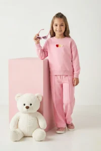 TRENDYOLMİLLA KIDS PINK Cotton Kalpli Oversized Girls' Knitting Bottom - Top Set