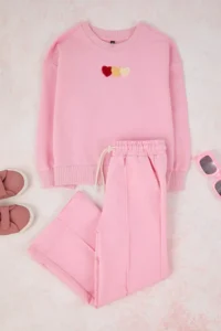 TRENDYOLMİLLA KIDS PINK Cotton Kalpli Oversized Girls' Knitting Bottom - Top Set - Image 2