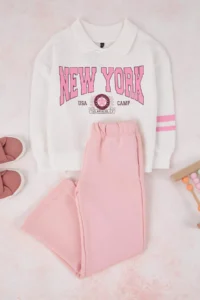 TRENDYOLMİLLA KIDS PINK Cotton Girls' Slogan Printed Polo Shirt Collar Oversized Knitting Bottom - Top Set - Image 2