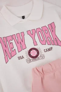 TRENDYOLMİLLA KIDS PINK Cotton Girls' Slogan Printed Polo Shirt Collar Oversized Knitting Bottom - Top Set - Image 3