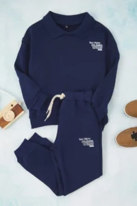 TRENDYOLMİLLA KIDS NAVY BLUE Cotton Polo Shirt Collar Boys' Knitting Thick Sweatshirt and Tracksuit Bottom -Top Set - Image 2