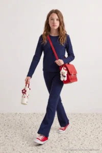 TRENDYOLMİLLA KIDS NAVY BLUE Plain/Basic Flexible Crew Neck Regular Knitting Girls' Tights Bottom - Top Set - Image 2