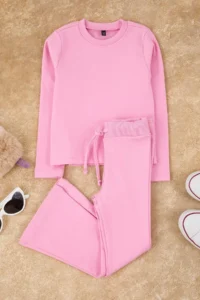 TRENDYOLMİLLA KIDS PINK Plain/Basic Flexible Crew Neck Regular Knitting Girls' Tights Bottom - Top Set - Image 2