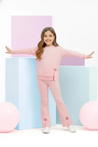 TRENDYOLMİLLA KIDS Light PINK Cotton Floral Girls' Knitting Thick Sweatshirt and Tracksuit Bottom - Top Set
